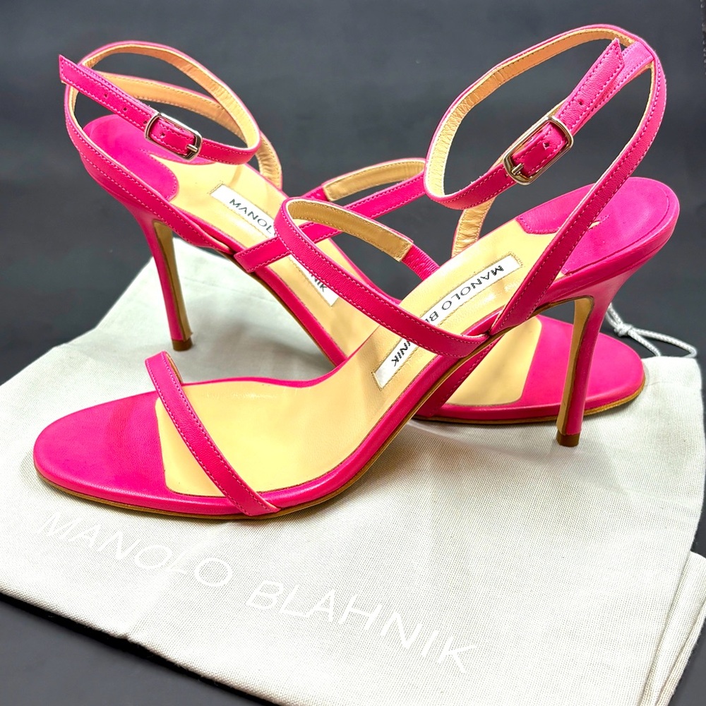 SOLD Manolo Blahnik Hot Pink Strap Heels size 38.5 - Picture 1 of 8
